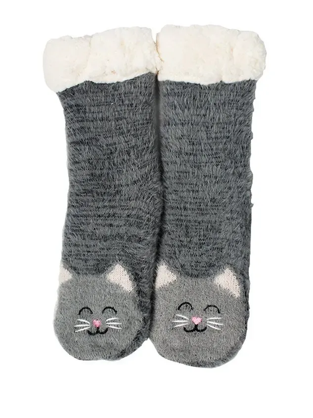 1pair Women Cartoon Cat Warmth Non-Slip Floor Socks