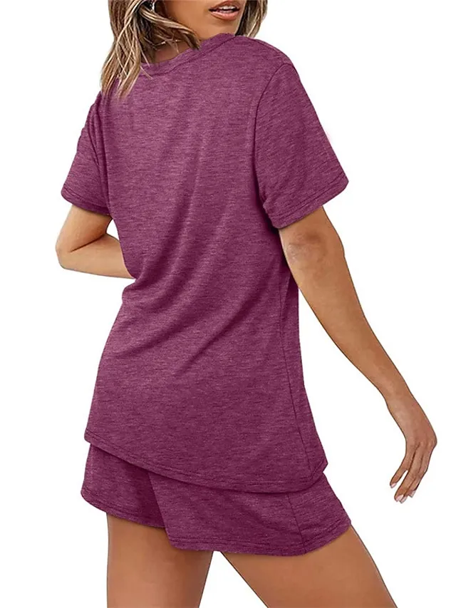 Women's Loungewear Sets Nighty 2 Pieces Pure Color Simple Comfort Home Street Cotton Crew Neck Short Sleeve T shirt Tee Shorts Spring Summer Green Blue