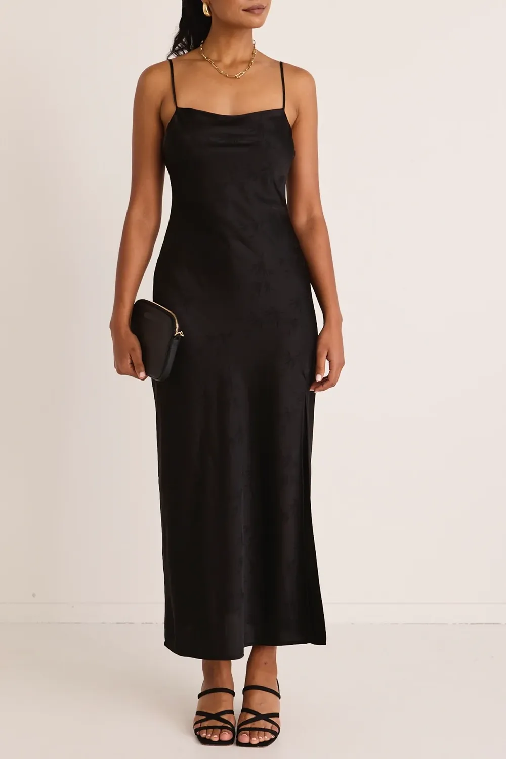 Black Jacquard Satin Strappy Bias Midi Dress
