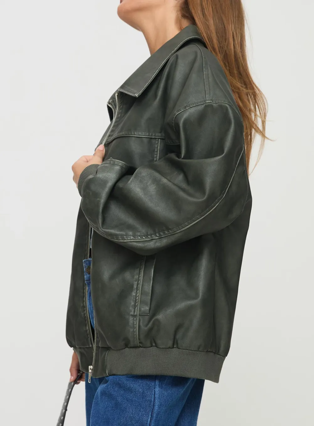 Loose Fit Faux Leather Bomber Jacket