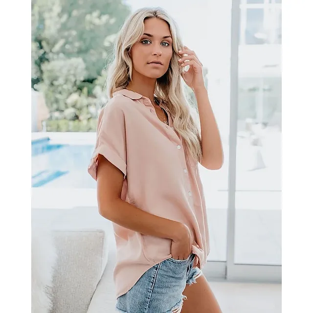 Women's Shirt Blouse Black White Yellow Plain Short Sleeve Work Basic Business Elegant Shirt Collar Regular S