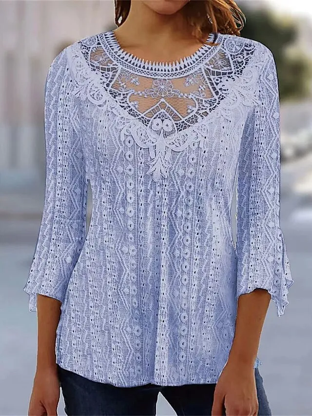 Women's Shirt Blouse Black White Pink Plain Lace 3/4 Length Sleeve Casual Vintage Fashion Basic Round Neck Regular Fit