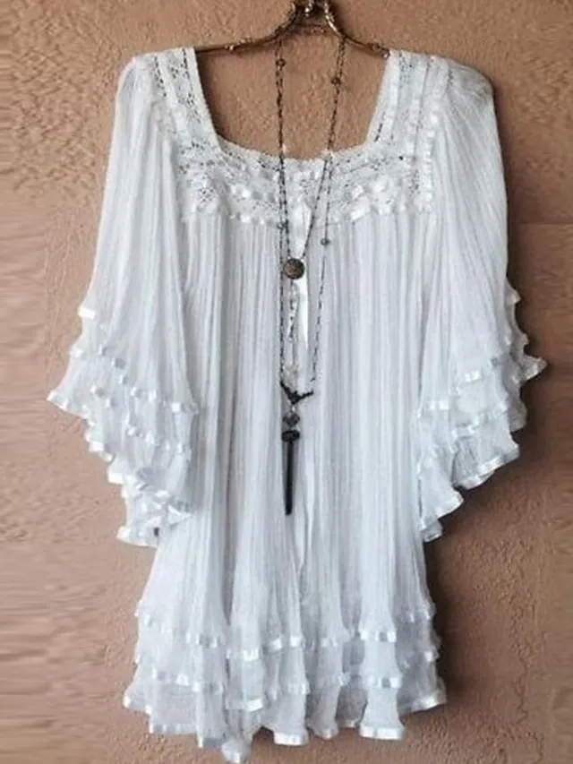 Women's Plus Size Shirt Blouse White Yellow Plain Lace Half Sleeve Daily Holiday Vacation Holiday Casual Square Neck Regular Fit Spring Fall