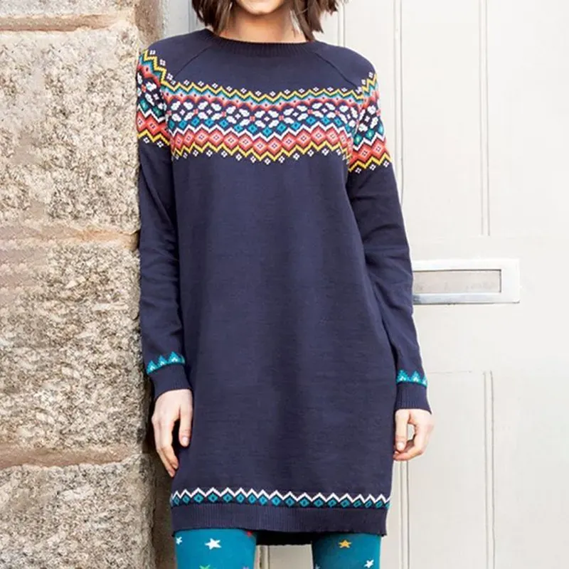 Fairman Island Print Crew Neck Long Sleeve Knit Midi Dress