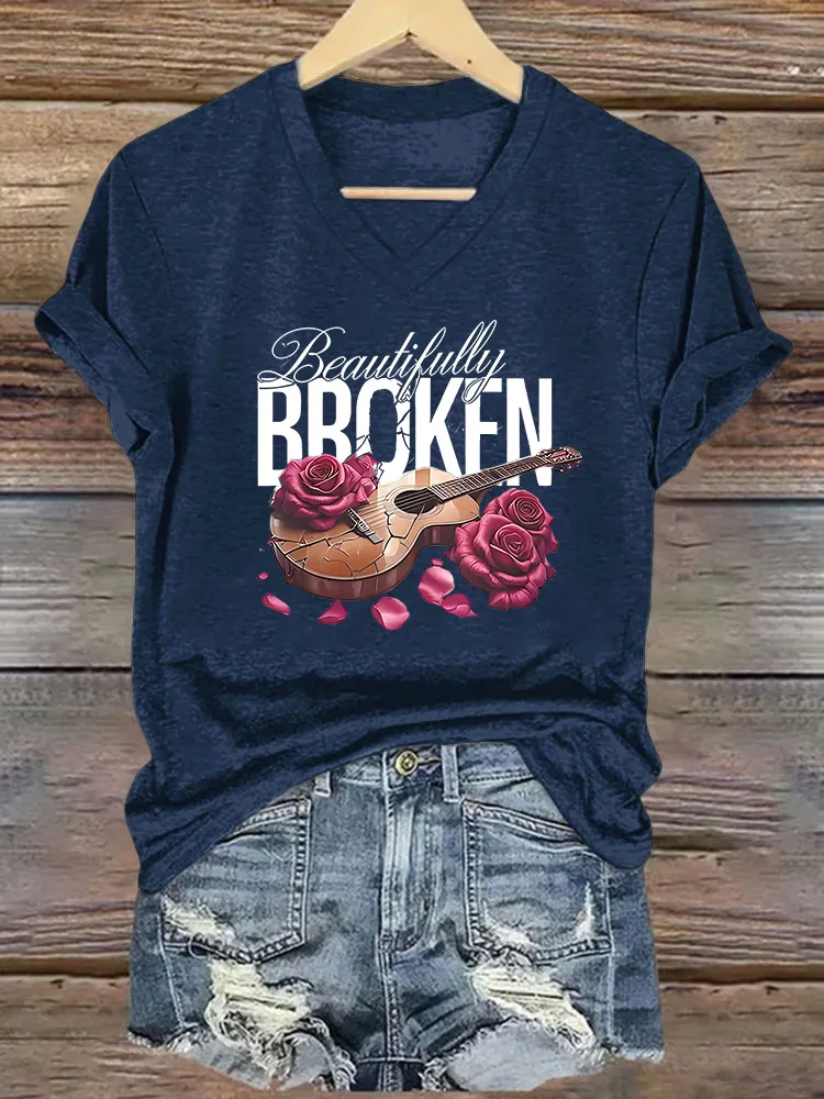 Women's Beautifully Broken Guitar Flower Print Short-Sleeved T-Shirt