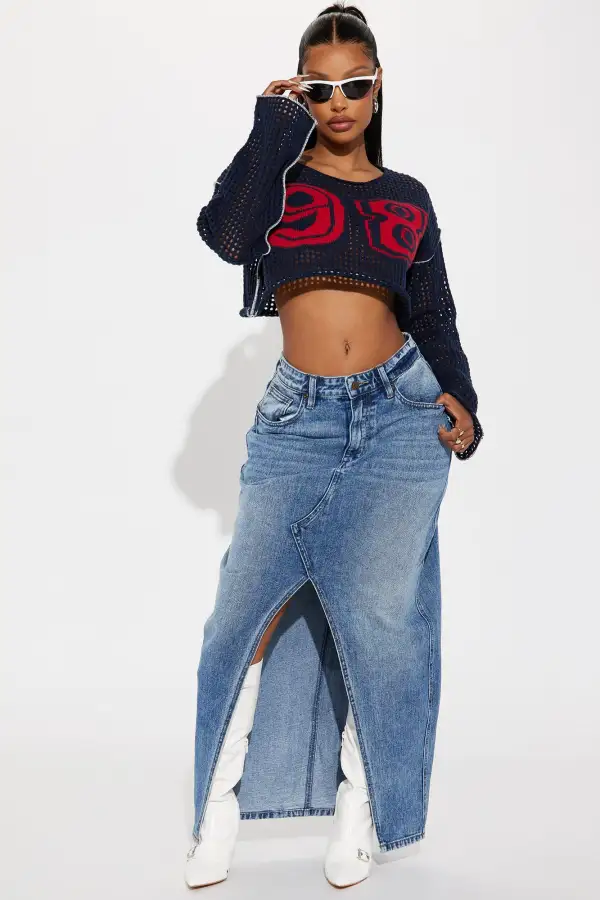 Varsity Crochet Sweater - Navy/Red