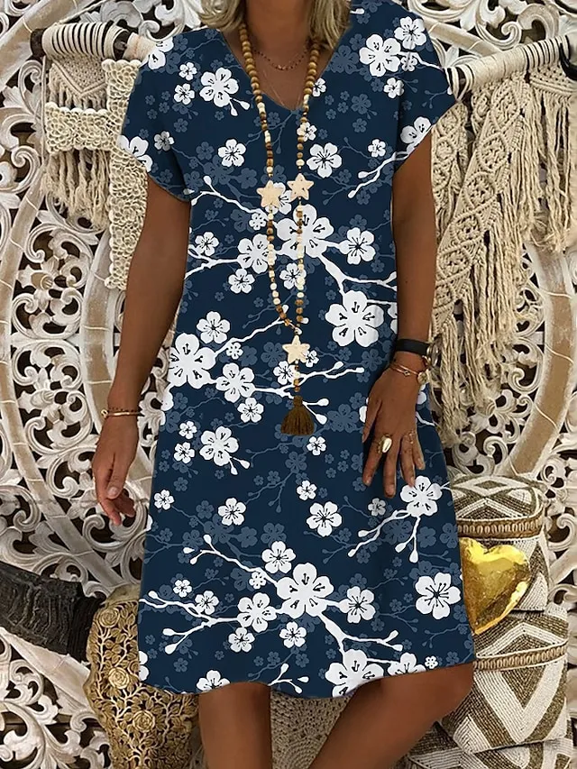 Women's Casual Dress Shift Dress Midi Dress White Blue Green Short Sleeve Flower Print Summer Spring V Neck Basic Vacation Summer Dress 2023 S M L XL XXL 3XL