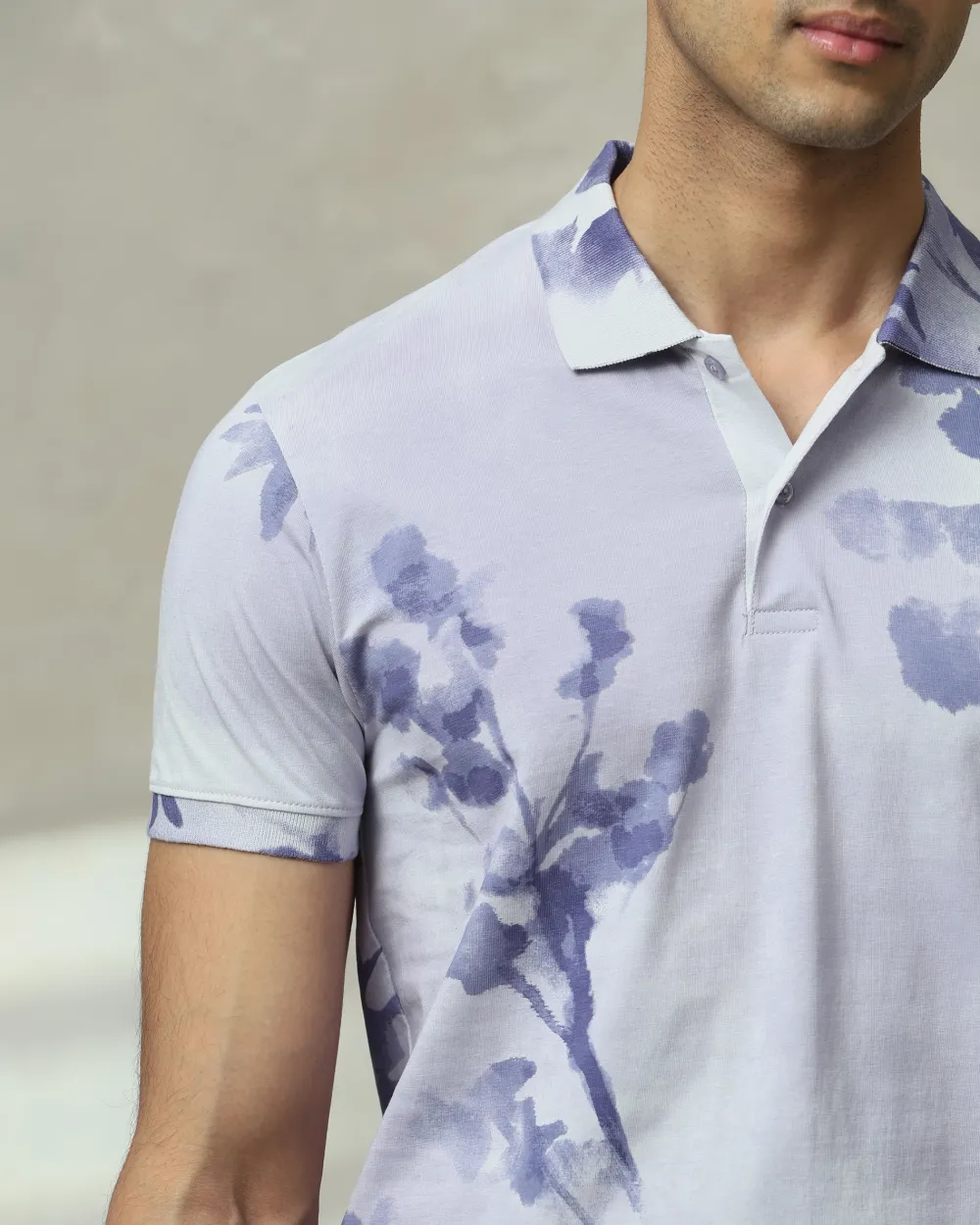 Daily Simple Soft  Lilac Floral Print Polo Shirt