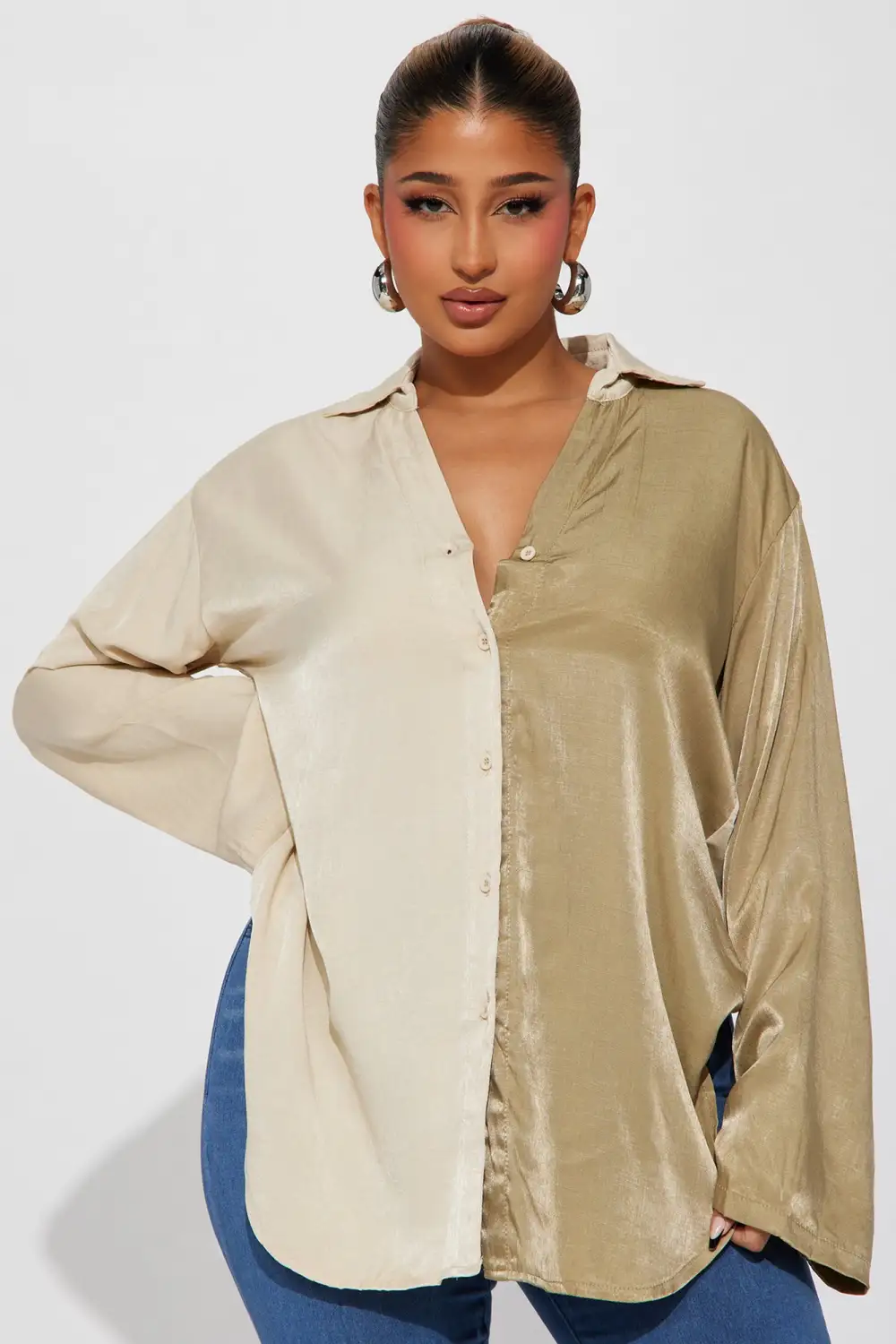 Piece By Piece Color Block Satin Shirt - Olive/combo