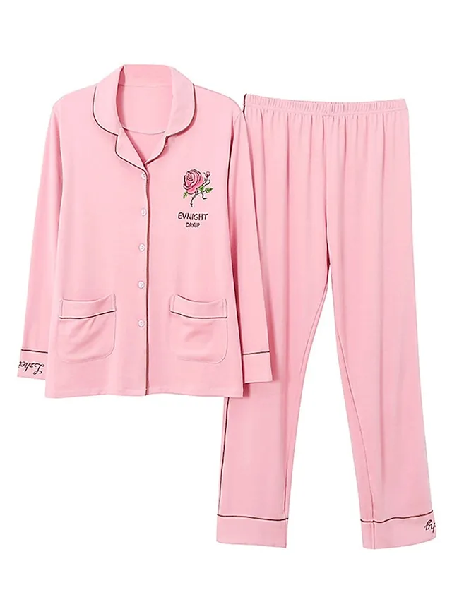 Women's Pajamas Pajama Top and Pant Sets Letter Flower Tights / Leggings Casual Comfort Home Daily Bed Cotton Breathable Lapel Long Sleeve Shirt Pant Button Pocket Summer Fall White Pink
