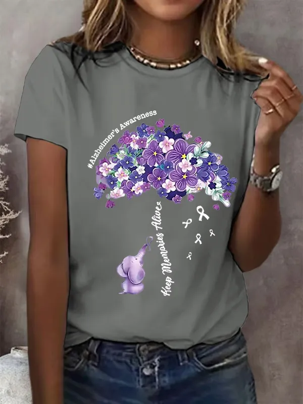 Women'S Alzheimer'S Awareness Keep Memories Aliver Floral Printed Short Sleeve T-Shirt