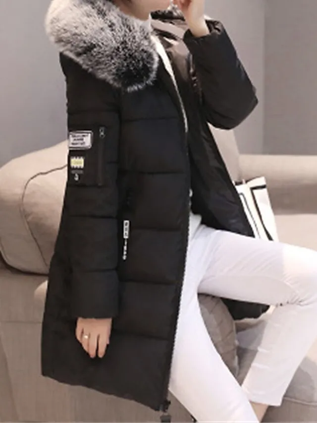 Women's Parka Long Puffer Jacket Thicken Winter Coat with Fur Collar Hood Fall Windproof Warm Overcoat with Pockets Stylish Contemporary Casual Jacket Long Sleeve Full Zip Black White Light Green