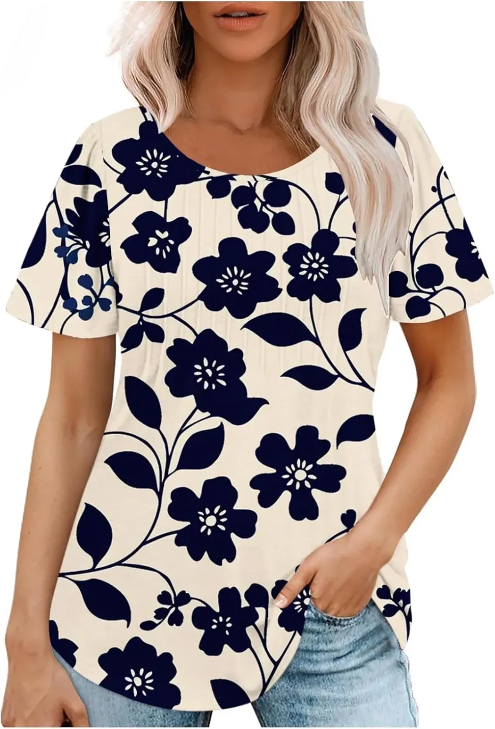 Womens Summer Pleated Front Shirts Tunics Casual Short Sleeved Loose Round Neck Boho Printed Tops Vacation Blouse