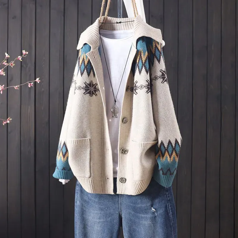 Vintage Icelandic Jacquard Sweater Lapel Cardigan