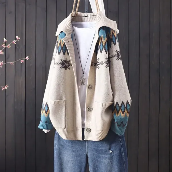 Vintage Icelandic Jacquard Sweater Lapel Cardigan