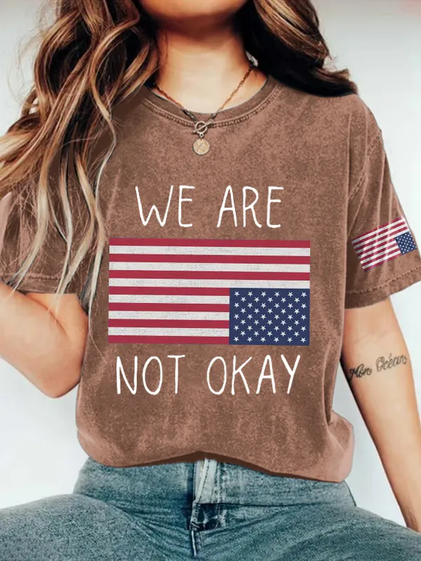 Women'S T-Shirt Retro We Are Not Ok Printed T-Shirt Wash Texture Pure Cotton Round Neck Short Sleeve