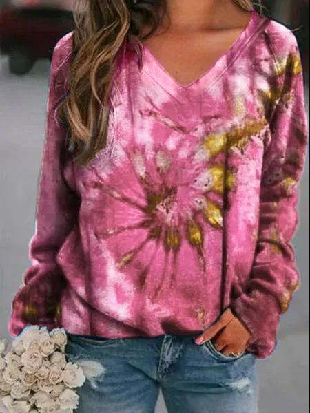 Ombre V Neck Cotton-Blend Sweatshirts