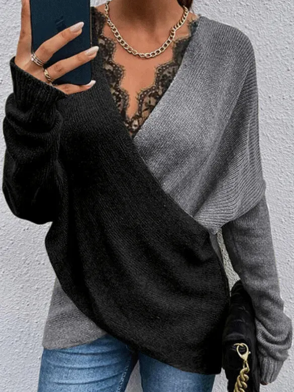 Women's Sweaters Two Color Lace V-Neck Long Sleeve Sweater