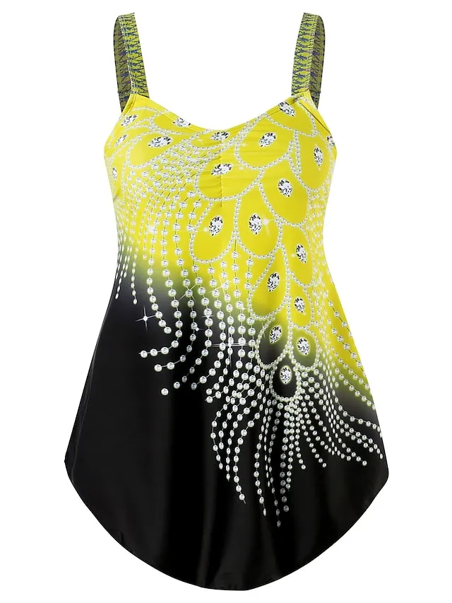 Women's Swimwear Swim Dress 2 Piece Plus Size Swimsuit for Big Busts Print Leaf Yellow Red Blue Rose Red Bathing Suits New Vacation Sporty