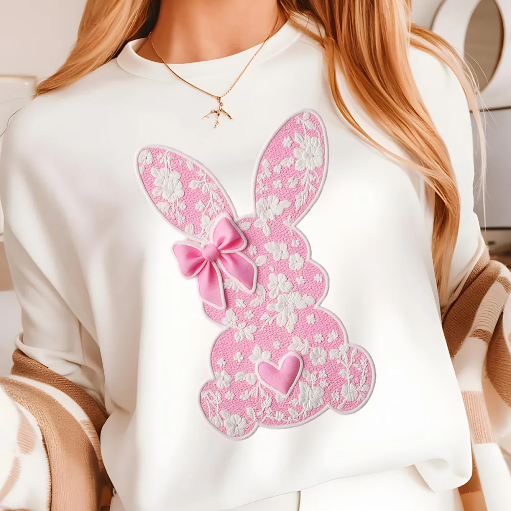 Easter Pink Floral Bunny Printed Round Neck Short Sleeve T-Shirt