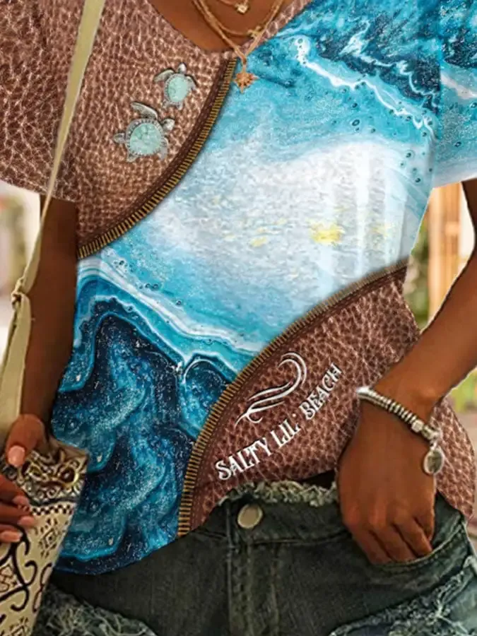 V-neck Vacation Vintage Sea Turtle Zipper Print T-Shirt