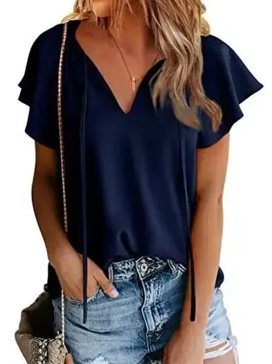 Women Short Sleeve V-neck Lace-up Top