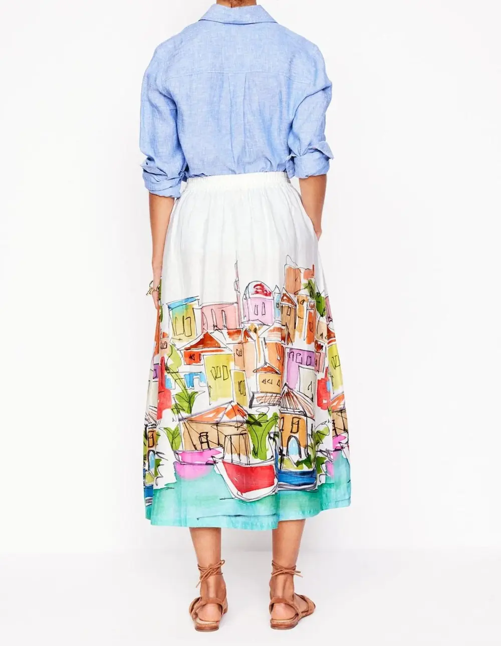 Multi  Rainbow Village Linen Midi Skirt