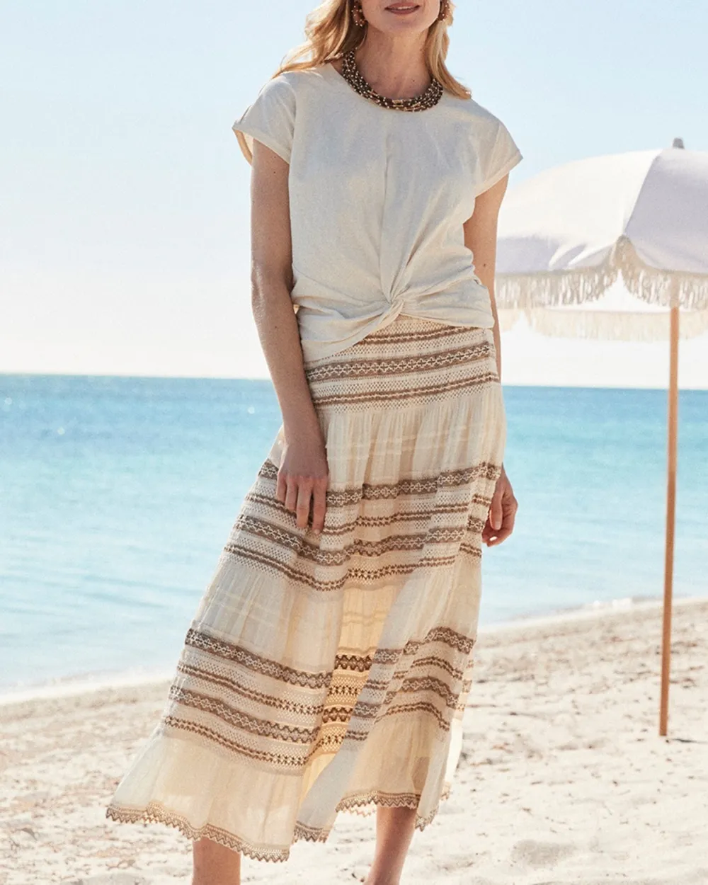 Embroidered Striped Maxi Skirt