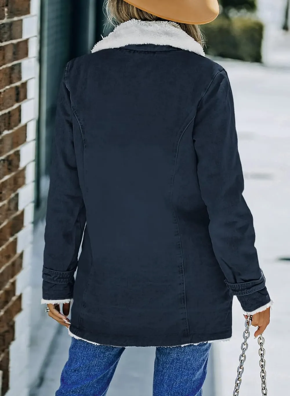 Womens Winter Warm Jean Jacket Stand Collar Wool Liner Sherpa Denim Coats Thicker Outerwear with Pockets