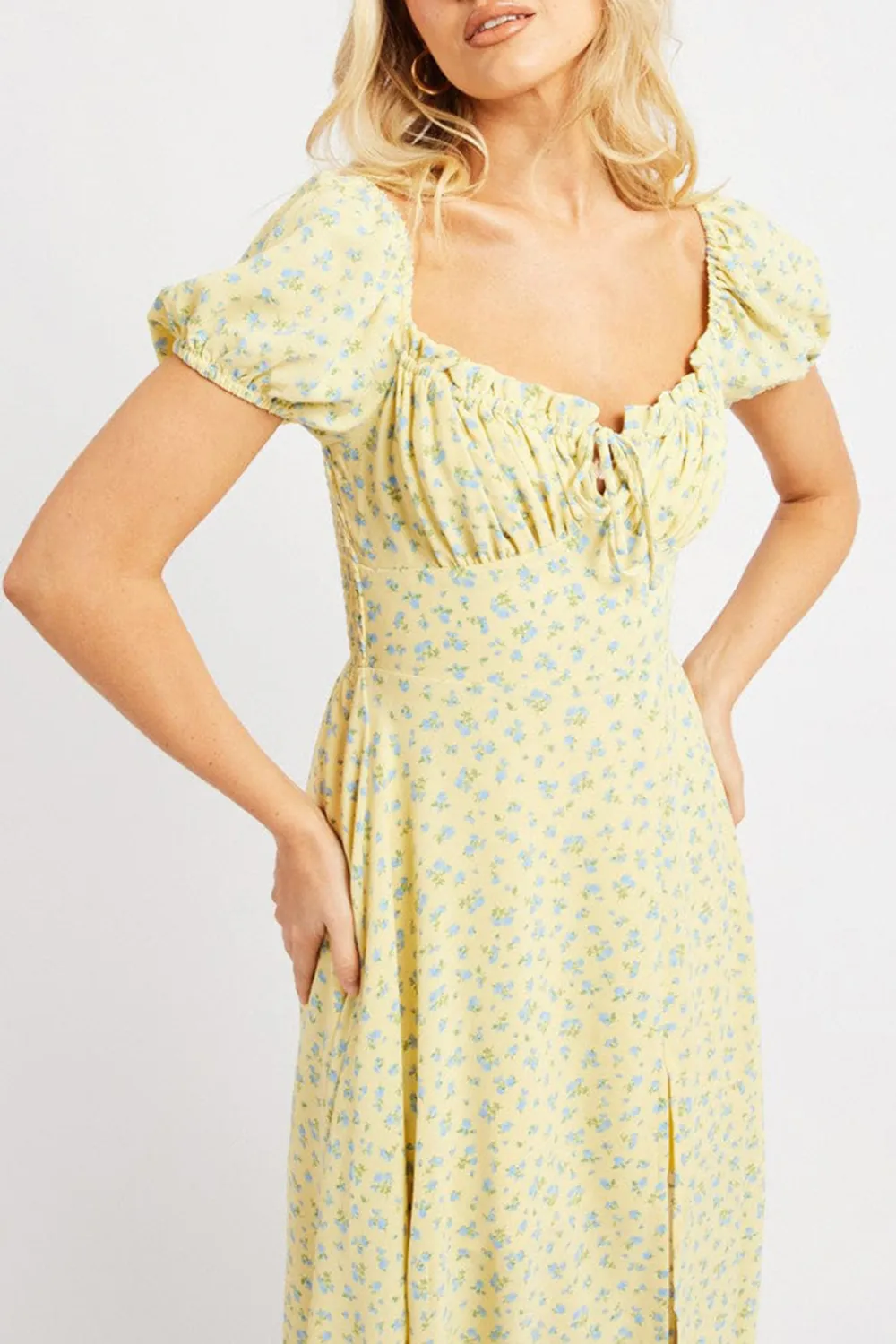 Yellow Ditsy Midi Dress Puff Sleeve