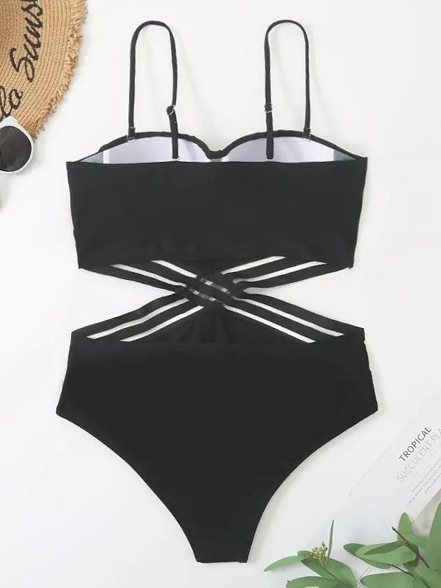 Women's Swimwear One Piece Monokini wrap Normal Swimsuit Cut Out Plain Black Bodysuit Bathing Suits Sports Beach Wear Summer