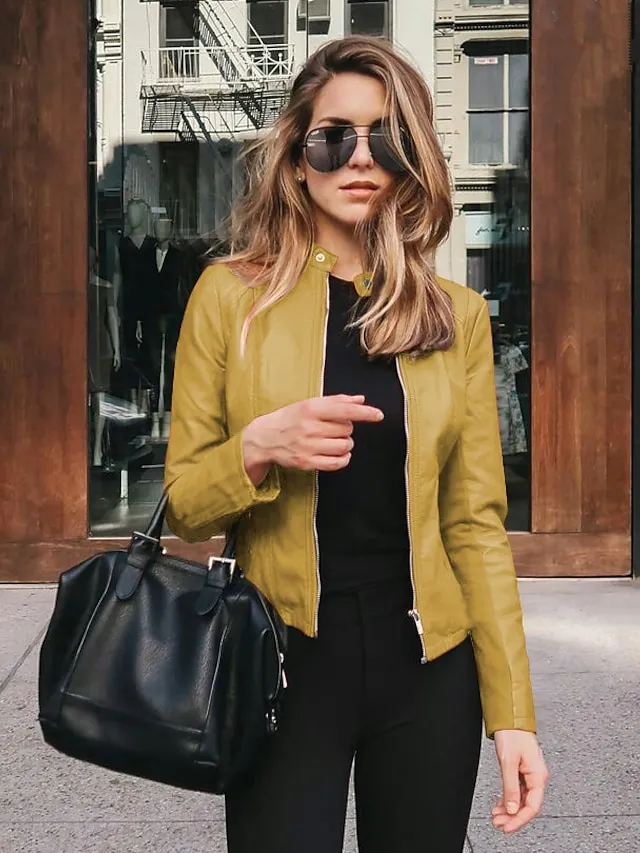 Women's Faux Leather Jacket Clean Fit Faux Motorcycle Moto Biker Coat Plus Size Short Zipper Jacket Light Pink Navy Wine Red ArmyGreen  Chic & Modern Street Fall Collarless Slim Fit S M L XL XXL XXXL