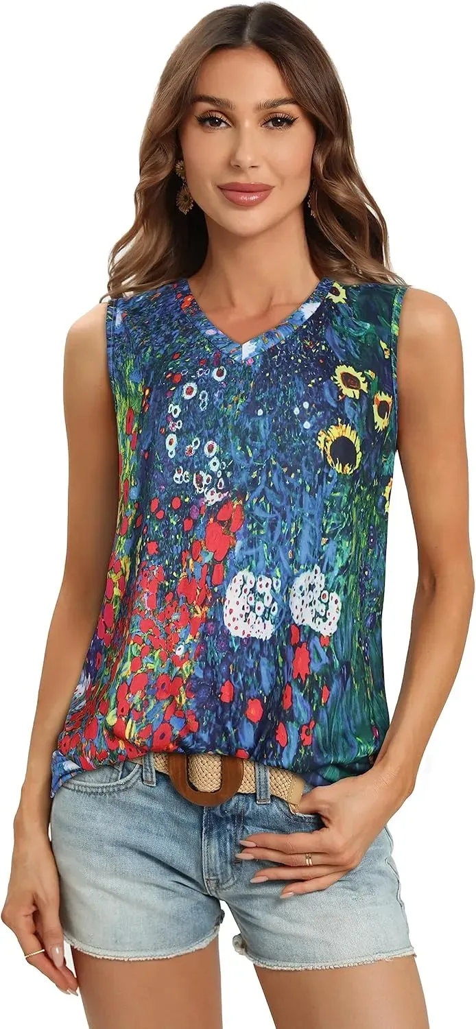 Summer Tops for Women Sleeveless V Neck Tshirt Loose Fit Casual Tank Tunic Blouse