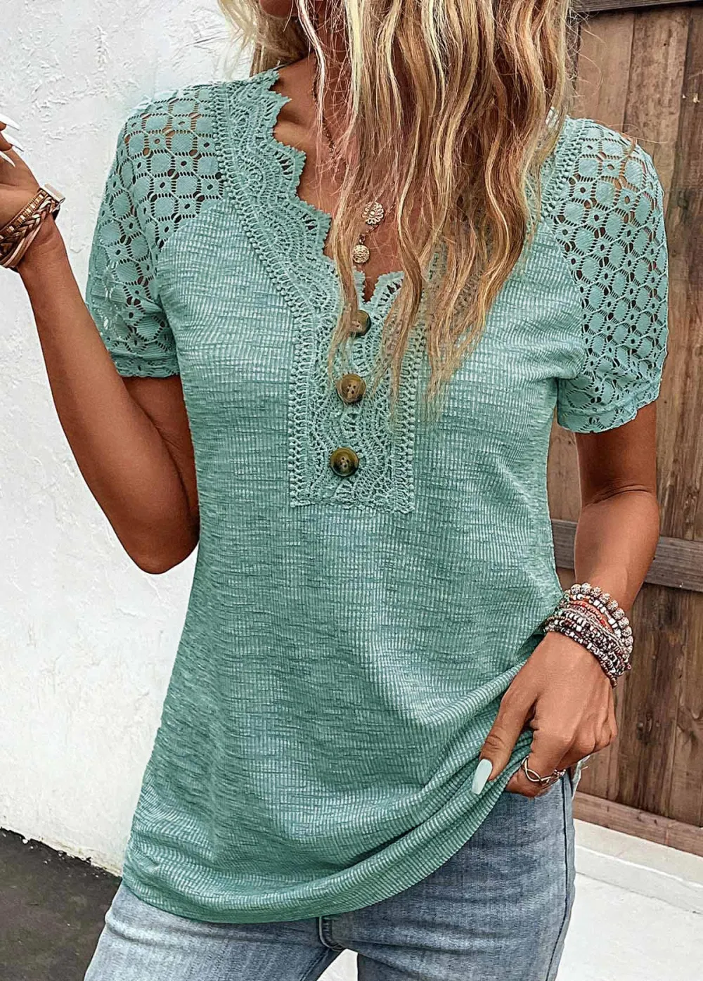 Green Lace Short Sleeve V Neck T Shirt