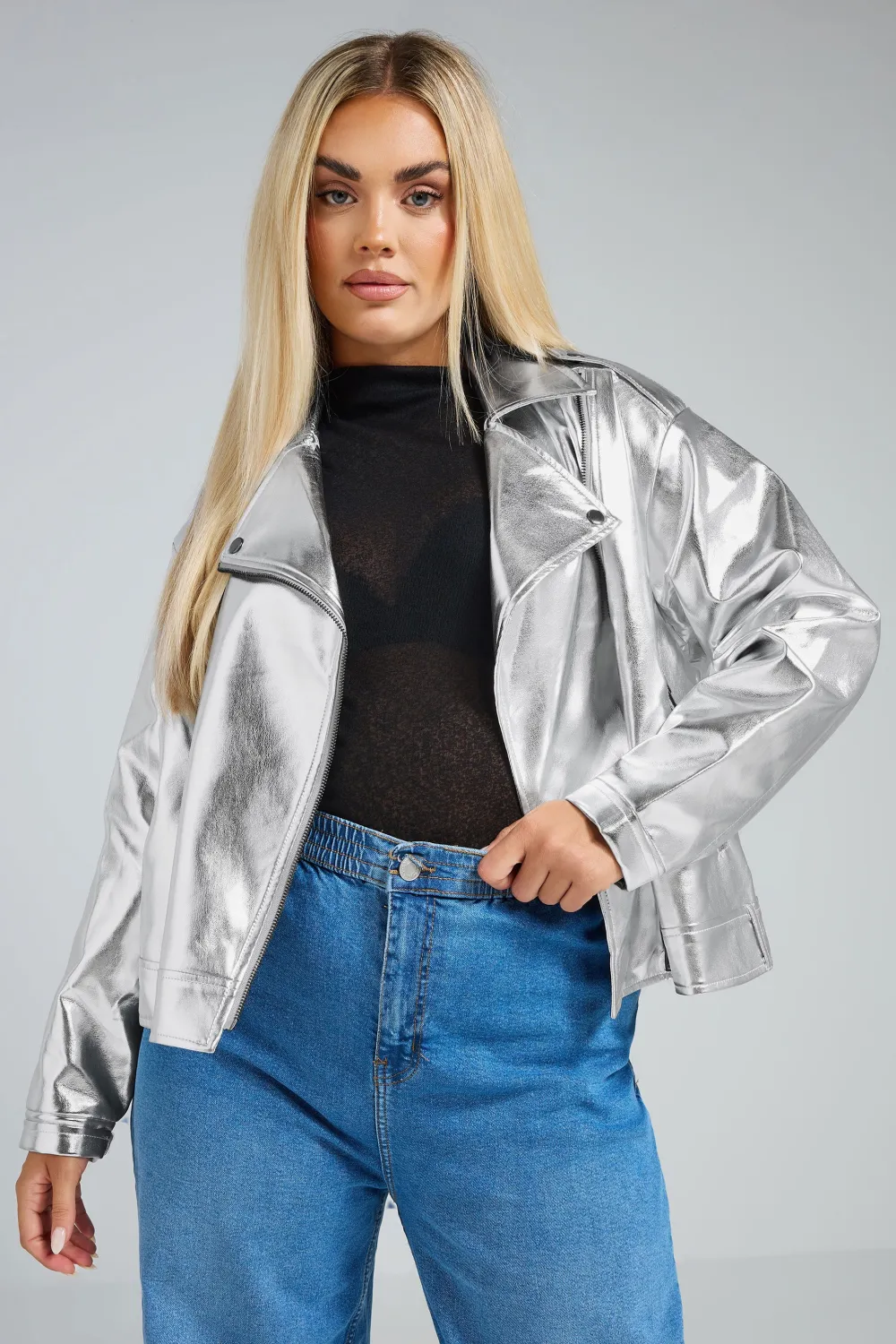 LIMITED COLLECTION Curve Silver Metallic Biker Jacket