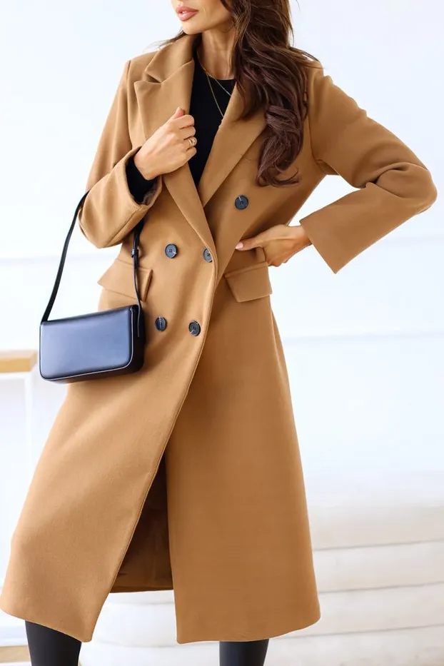 Solid Double Breasted Lapel Coat