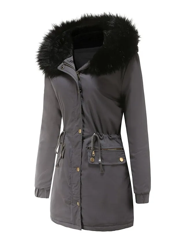 Women's Parka Fleece Puffer Jacket Winter Thicken Coat Warm Windproof Outerwear with Fur Collar Drawstring Zip up Stylish Casual Street Jacket with Pockets Long Sleeve Black Army Green Navy Blue