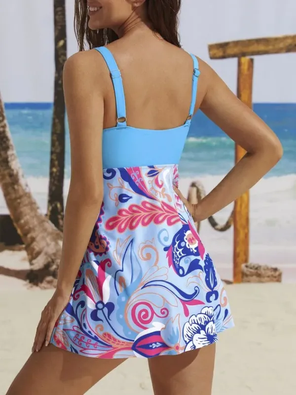 Vacation Ethnic  Printing Scoop Neck Swimdress Two-Piece Set