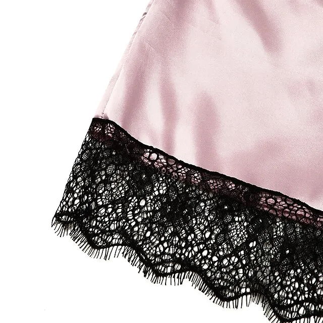 Women's Lace Satin Silk Pajamas Sets 4 Pcs Home Party Daily St.Patrick's Day Elastic Waist Pure Color Satin Simple Casual Soft Strap Top Shorts Fall Winter Spring Strap Short Sleeves Long Sleeve