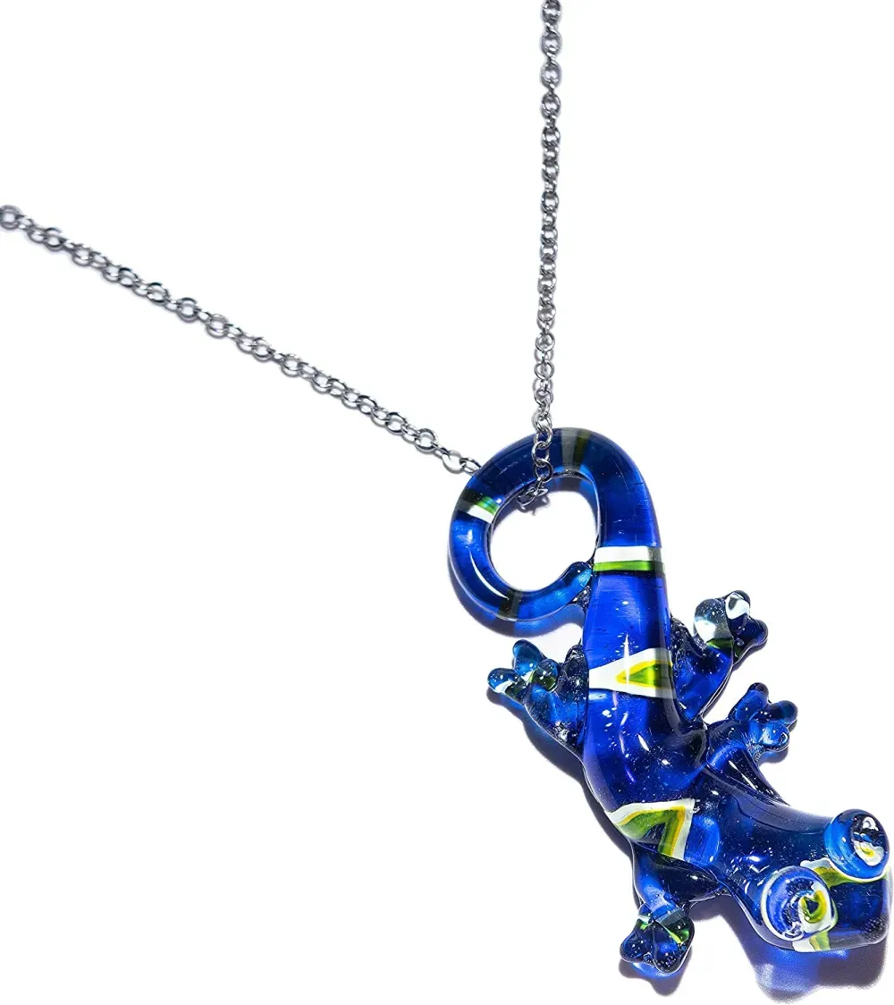 Handmade Large Blue Lizard Art Glass Blown Animal Figurine Pendant Necklace Jewelry
