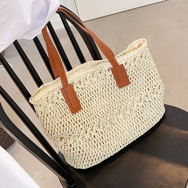 Women's Top Handle Bag Straw Bag Shoulder Bag Straw Outdoor Daily Zipper Solid Color Khaki Beige
