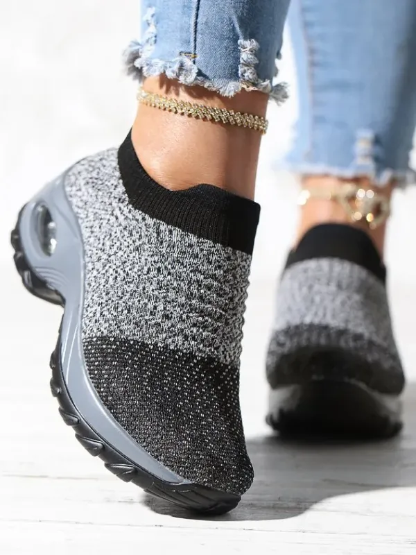 Sports Color Block Breathable Slip On Block Heel Fly Woven Shoes