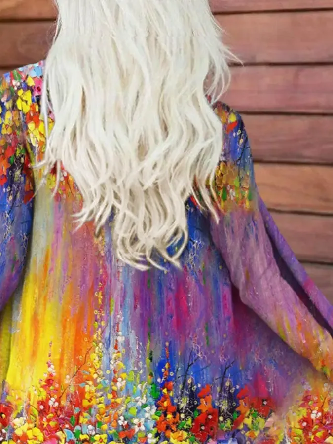 Vintage Flower Oil Painting Gradient Print Long Sleeve Cardigan