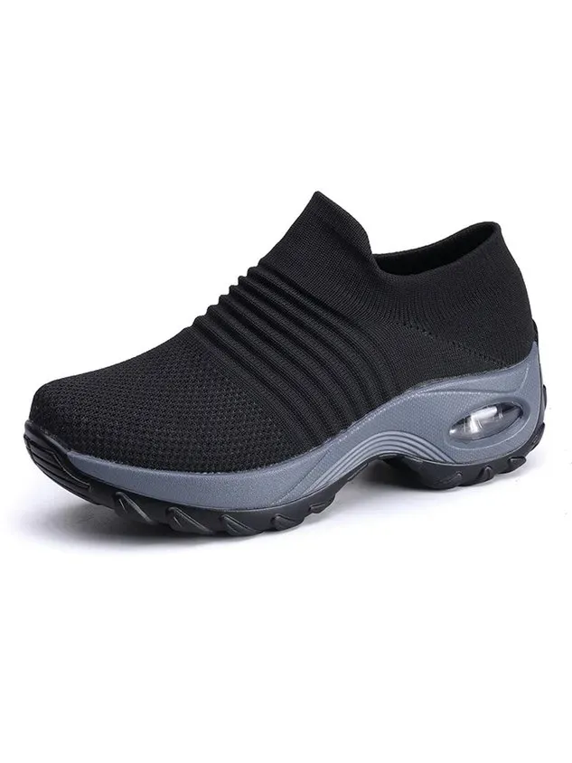 Sports Color Block Breathable Slip On Block Heel Fly Woven Shoes