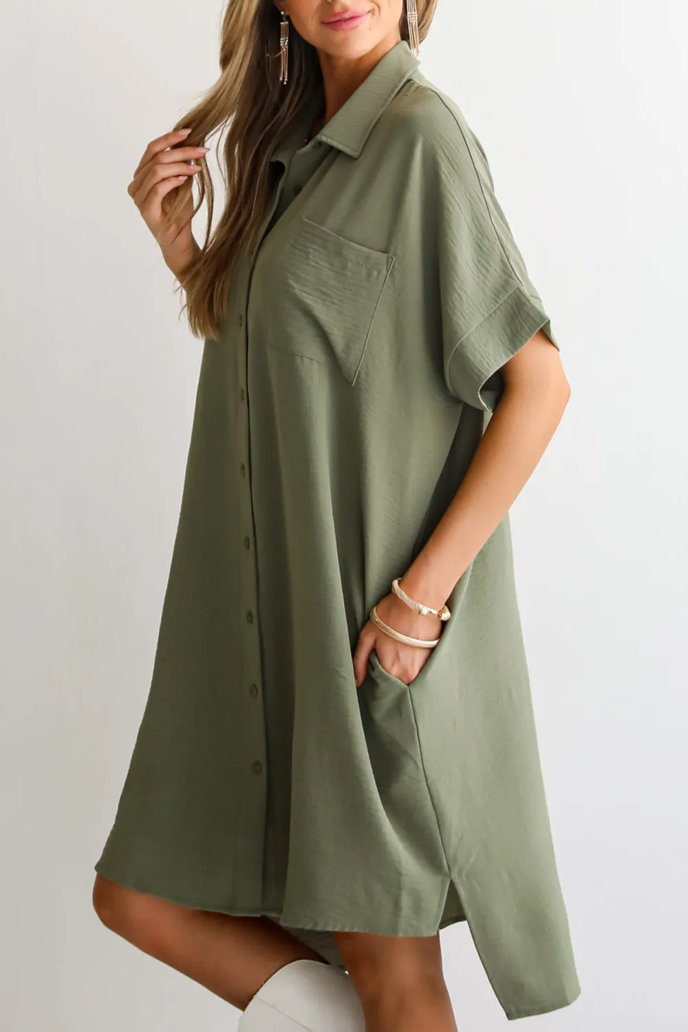 Composed Persona Green Button Front Midi Dress