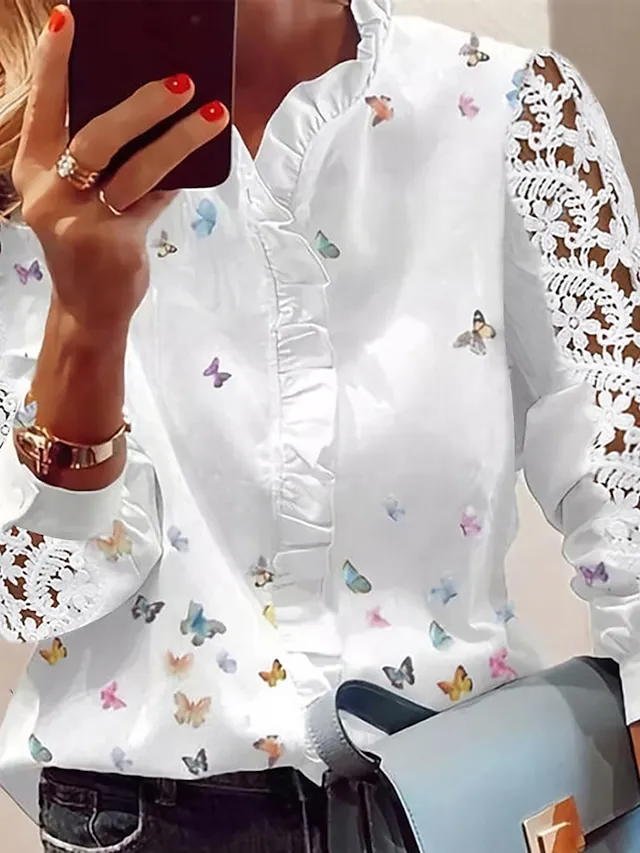 Women's Shirt Blouse Butterfly White Ruffle Mesh Button Long Sleeve Work Casual Daily Streetwear Elegant Casual V Neck Regular Fit Spring Fall