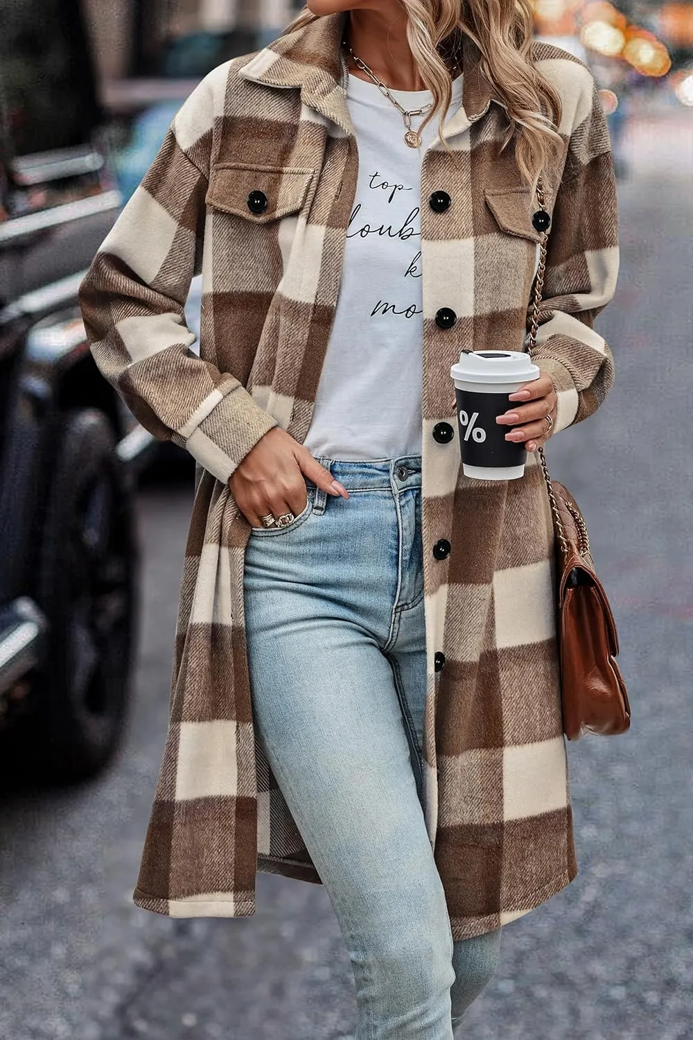 Women's Plaid Shacket 2023 Long Sleeve Button Up Flannel Shirt Winter Tartan Jacket Woolen Coats