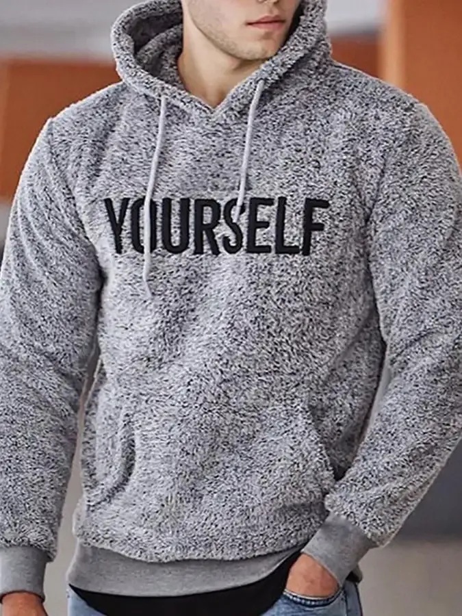 Men's Casual Pocket Letter Embroidered Fleece Pullover Hoodie