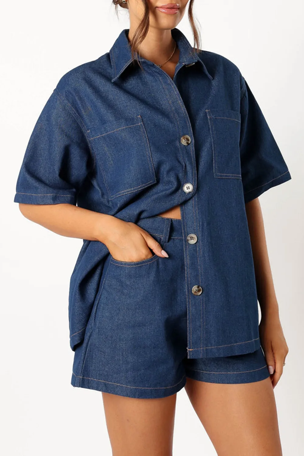 DARK DENIM LOOSE BUTTON DOWN SHIRT