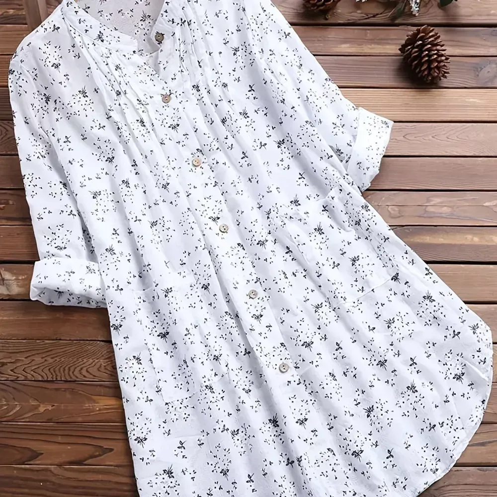 Plus Size Floral Print Long Sleeve Button Up Shirt, Women's Plus Turn Down Collar Casual Top